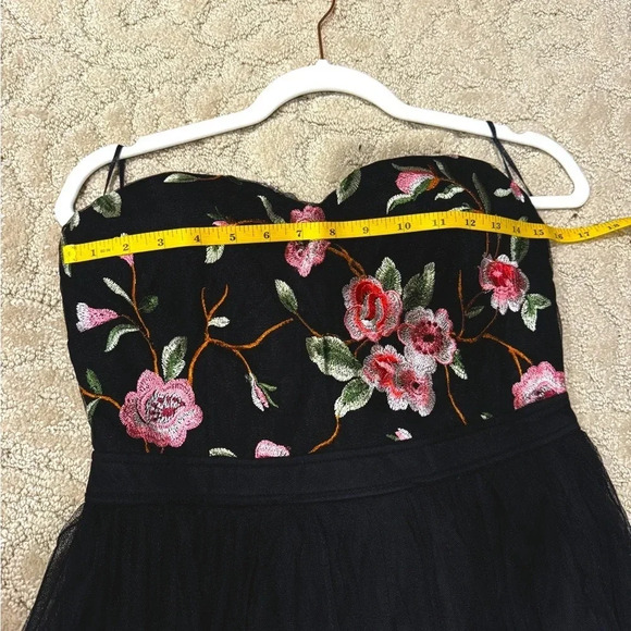 Black Floral Chiffon Maxi Dress | Strapless Sweetheart Slit Evening Gown - Picture 7 of 9